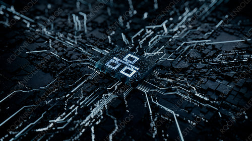 Network Technology Concept with ethernet symbol on a Microchip. Data flows from the CPU across a Futuristic Motherboard. 3D render.
