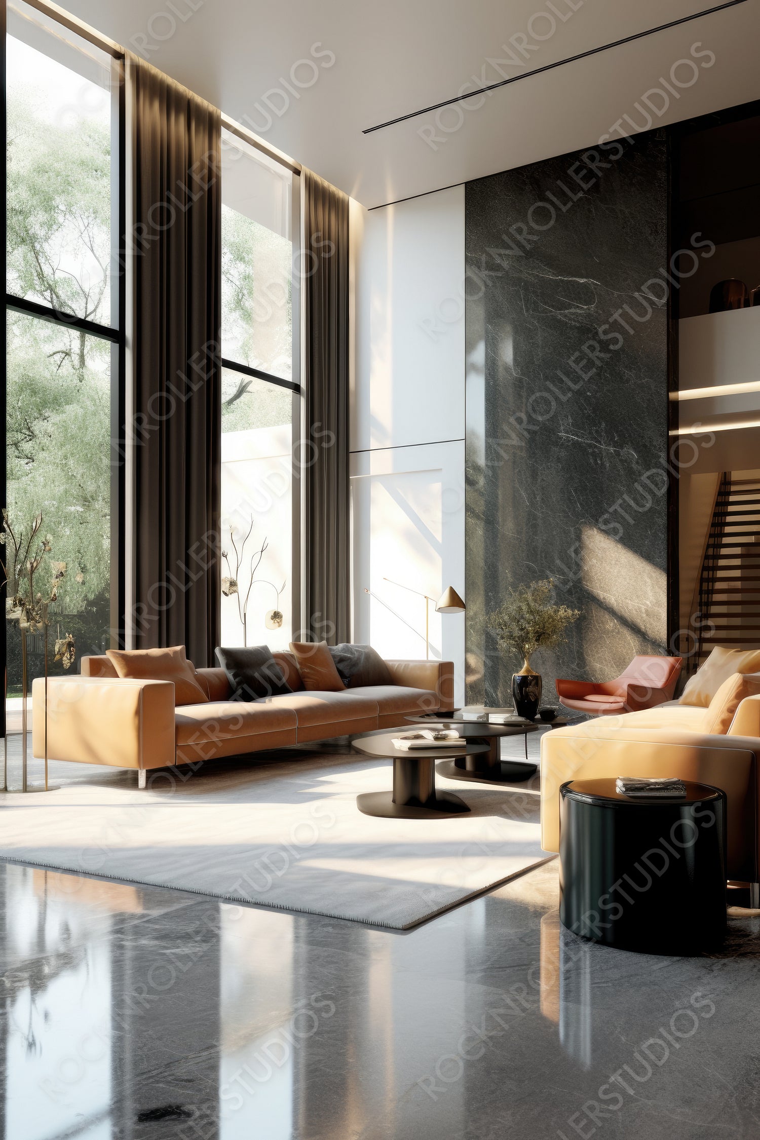 Contemporary Living Room. Modernist Interior Design Background. Generative AI.