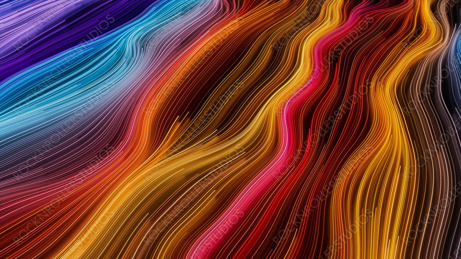 Wavy Neon Background with Orange, Pink and Turquoise Streaks. 3D Render.