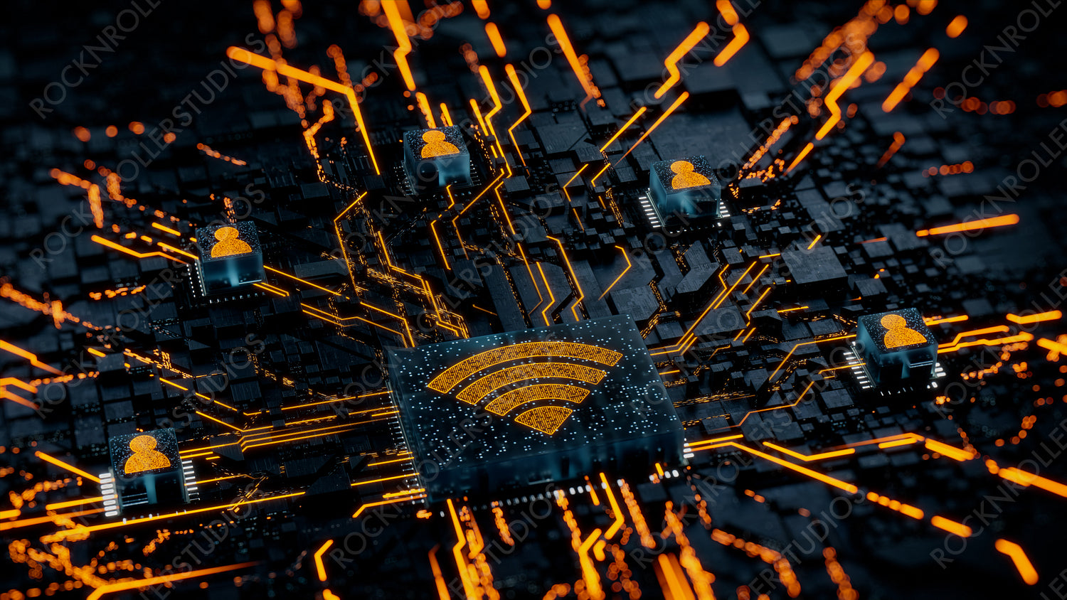 Wireless Technology Concept with wifi symbol on a Microchip. Orange Neon Data flows between Users and the CPU across a Futuristic Motherboard. 3D render.