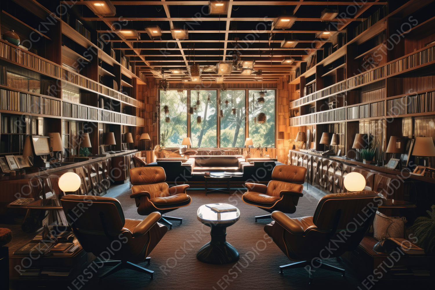 Mid Century Interior Design Background. Stylish Library. Generative AI.