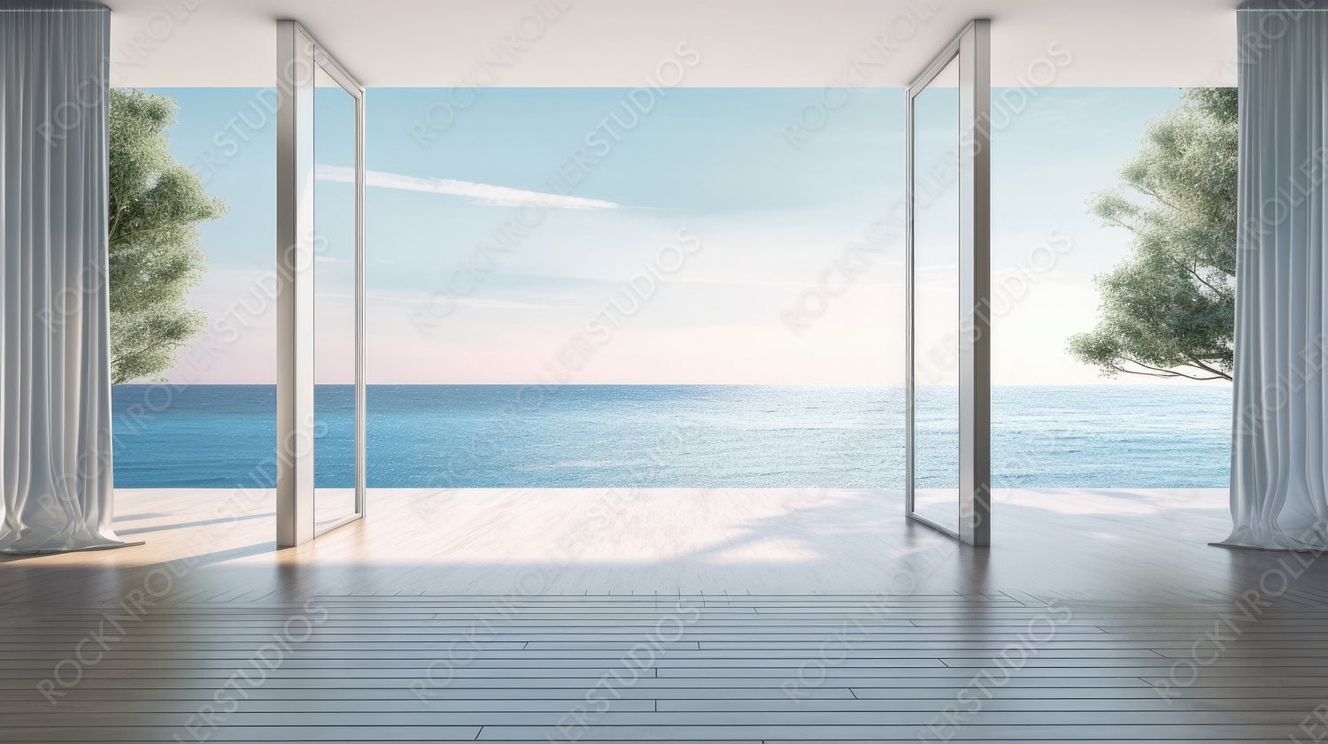 Contemporary Living Room. Sea View Interior Design Background. Generative AI.
