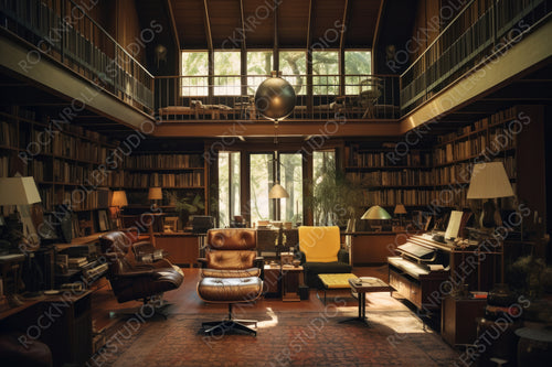Mid Century Library. Contemporary Interior Design Background. Generative AI.