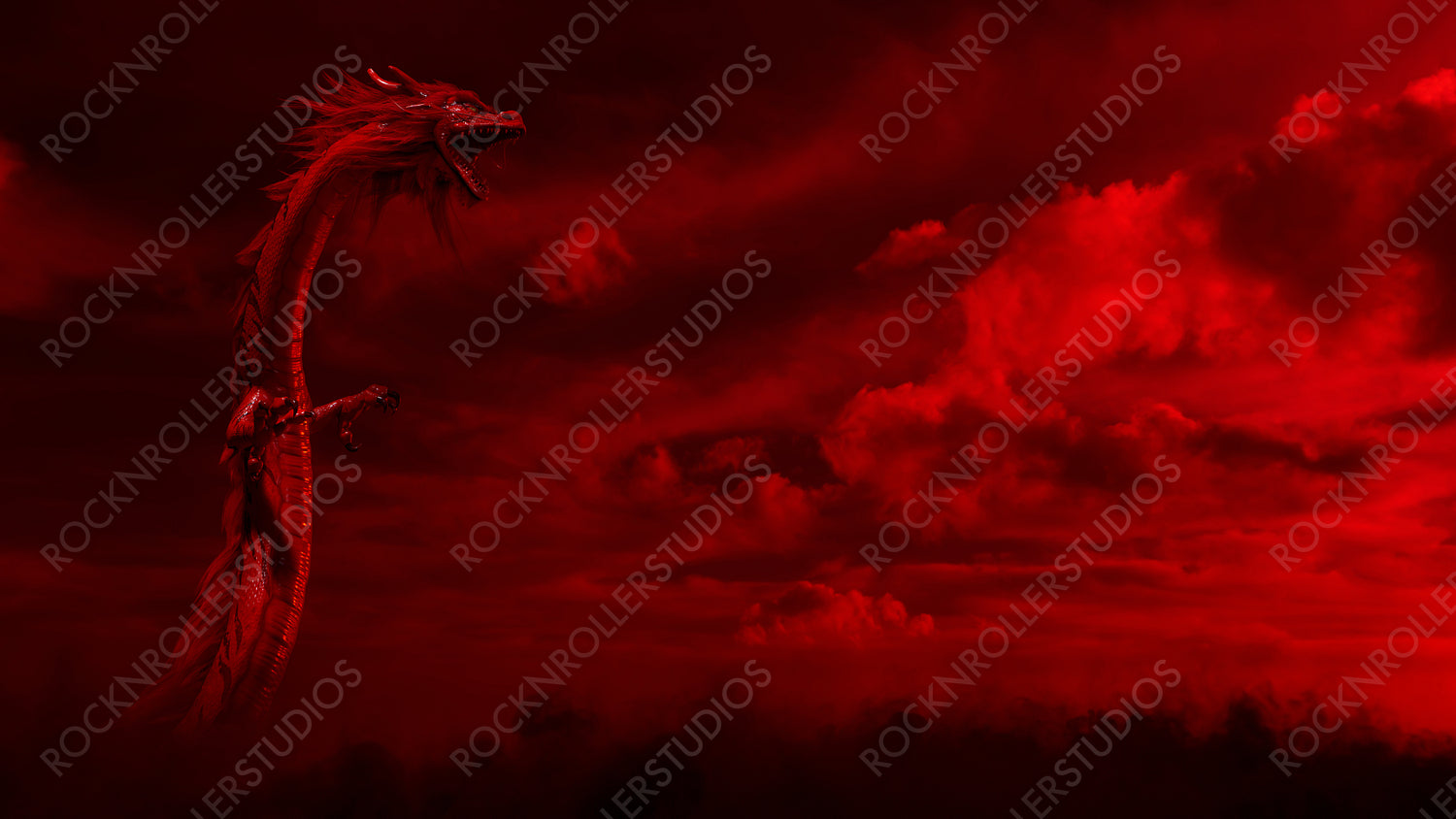 Lunar New Year Concept. Roaring Chinese Dragon against a Cloudy Sky. Red design with copy-space.