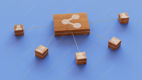 Network Technology Concept with share Symbol on a Wooden Block. User Network Connections are Represented with White string. Blue background. 3D Render.