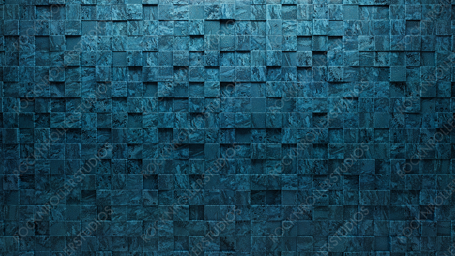 Square Tiles arranged to create a Textured wall. Blue Patina, Glazed Background formed from 3D blocks. 3D Render