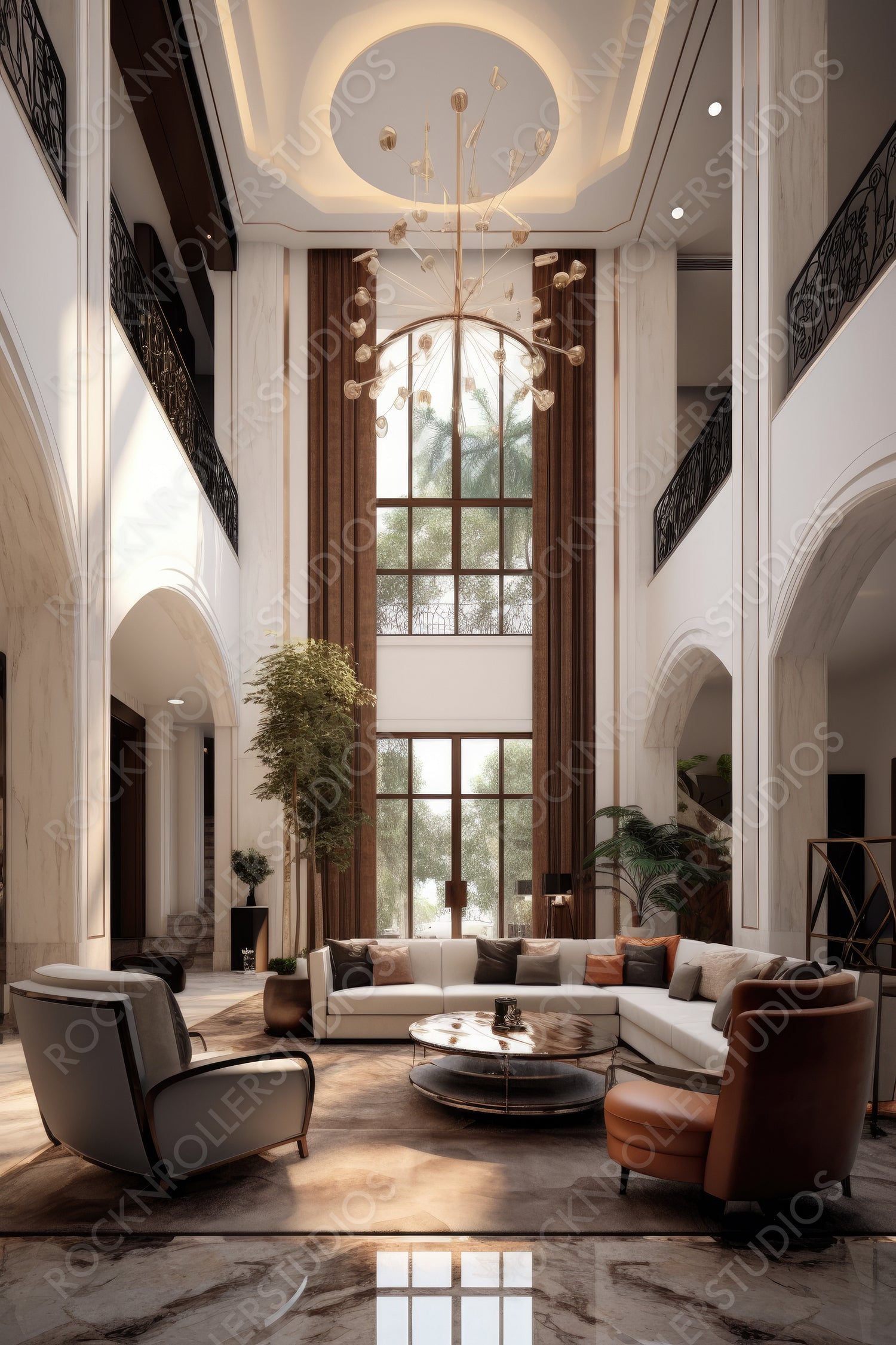Art Deco Interior Design Background. Stylish Living Room. Generative AI.