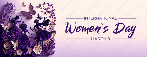 Premium Paper Craft Banner to Celebrate International Woman's Day. Purple Floral Design with Dancing Women, Flowers and Caption. Generative AI.