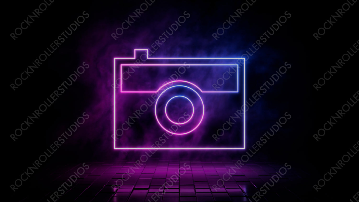 Pink and blue neon light camera icon. Vibrant colored photo technology symbol, isolated on a black background. 3D Render