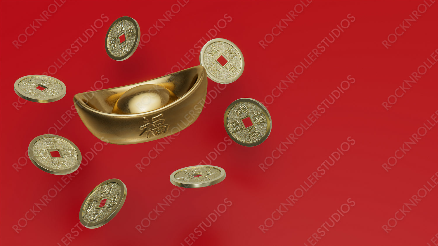 Gold Chinese Sycee, with traditional coins. Chinese New Year Concept with Copy Space.