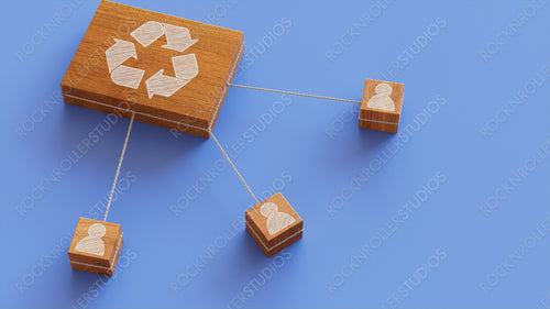 Eco Technology Concept with recycle Symbol on a Wooden Block. User Network Connections are Represented with White string. Blue background. 3D Render.