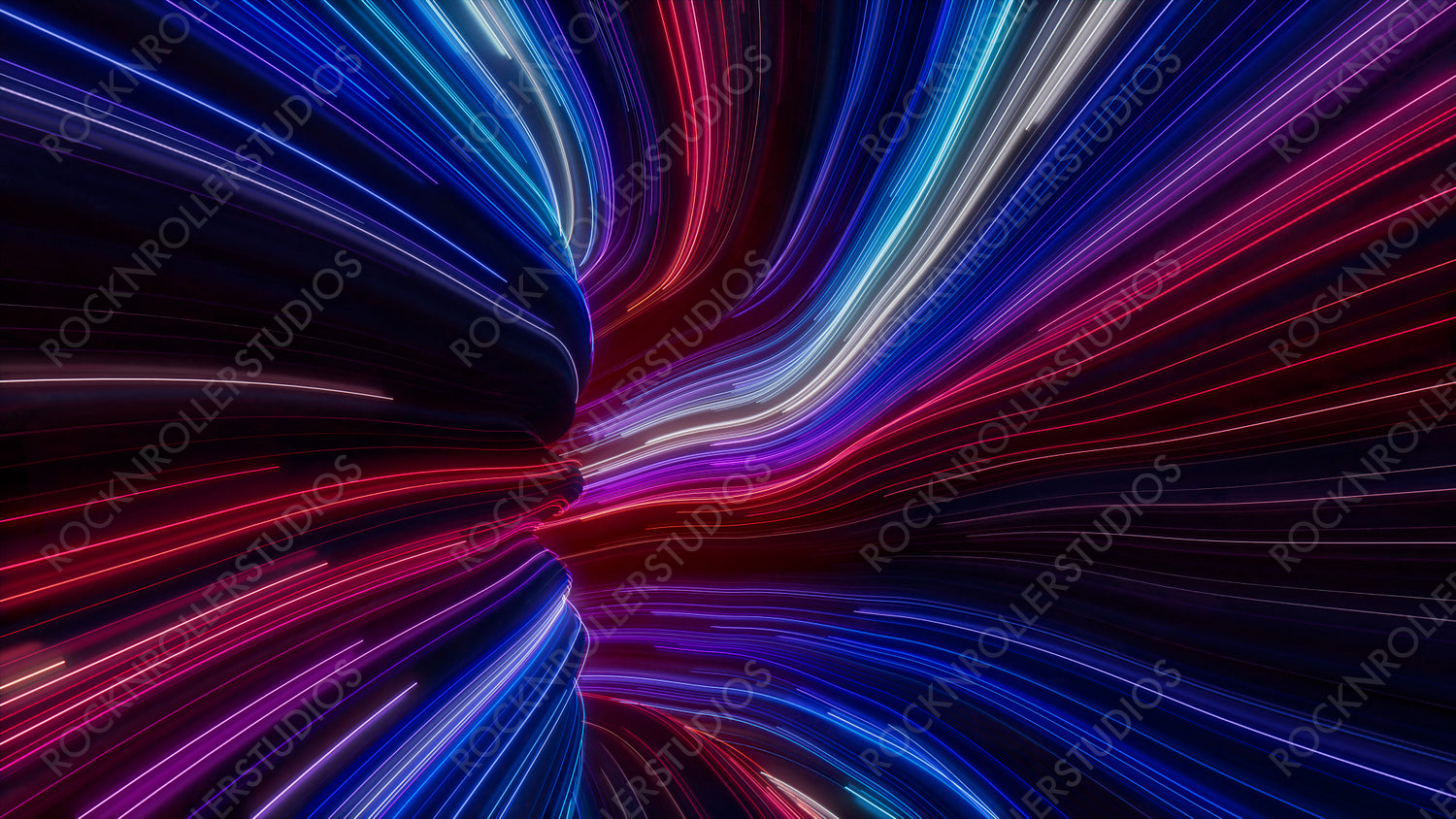 Blue, Pink and Purple Colored Curves form Wavy Neon Tunnel. 3D Render.