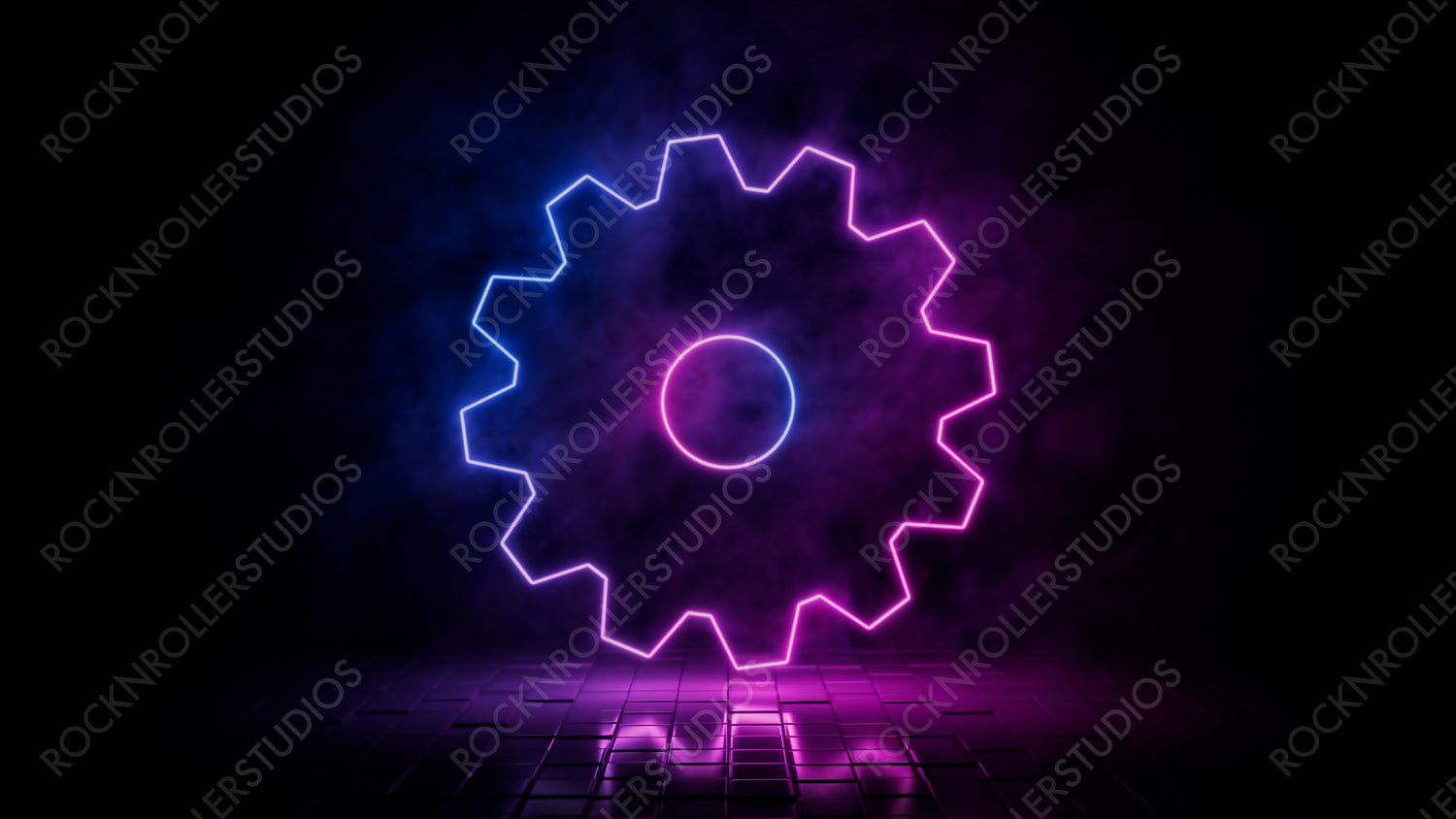 Pink and blue neon light cog icon. Vibrant colored settings technology symbol, isolated on a black background. 3D Render