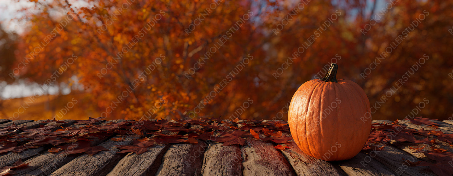 Thanksgiving Banner with Pumpkin and Fall Leaves. Seasonal Natural Scene with copy-space.
