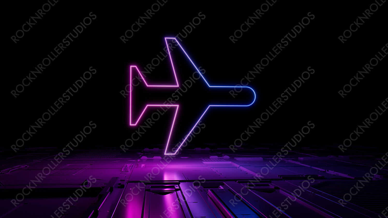 Pink and Blue Flight Technology Concept with airplane symbol as a neon light. Vibrant colored icon, on a black background with high tech floor. 3D Render