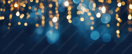 Holiday Illumination and Decoration Concept - Christmas Garland Bokeh Lights Over Dark Blue Background