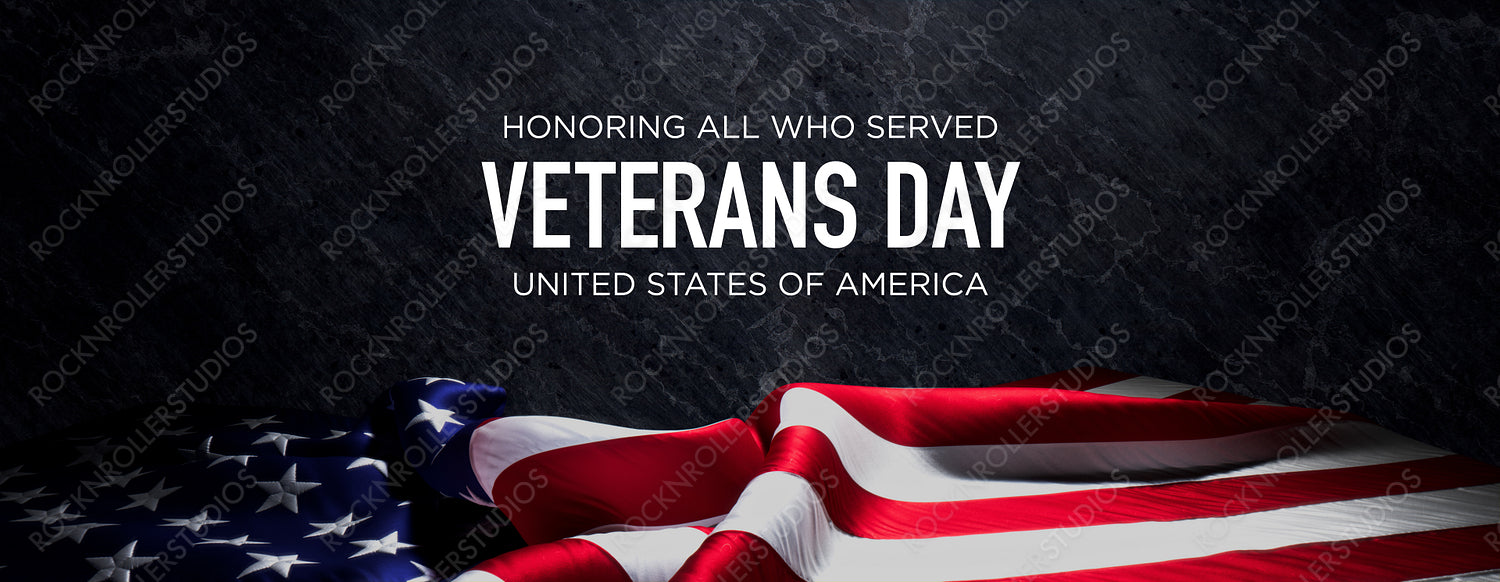 Premium Banner for Veterans Day with American Flag and Black Stone Background.