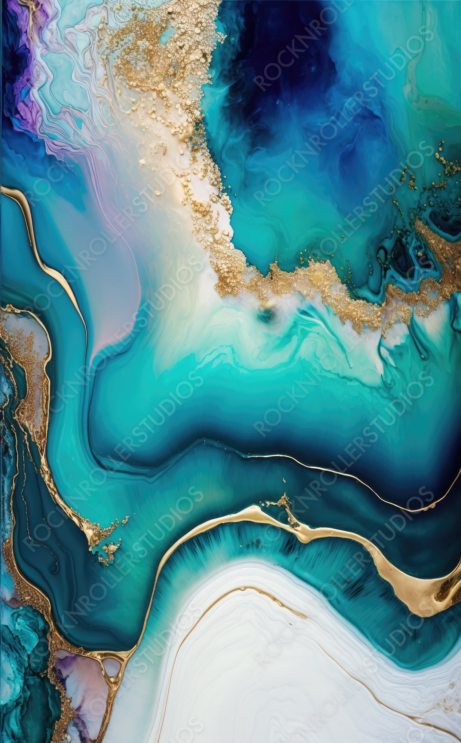 Elegant Acrylic Pour Wallpaper. Liquid Swirls in Beautiful White and Pastel colors, with Gold Powder. Generative AI.