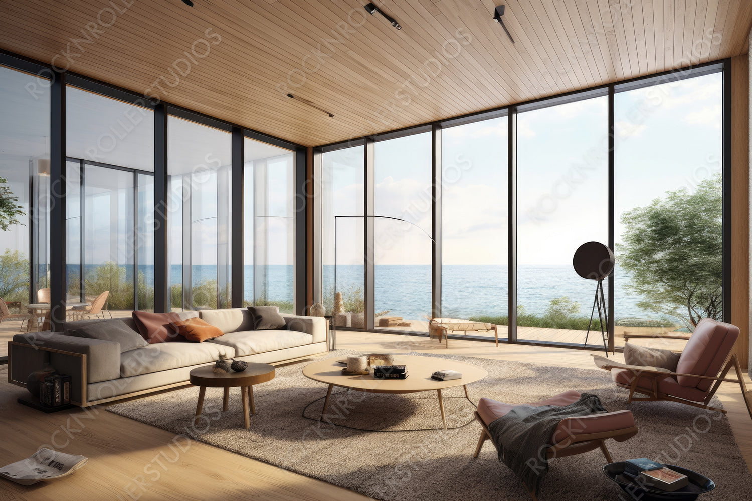 Natural Living Room. Stylish Interior Design Background. Generative AI.
