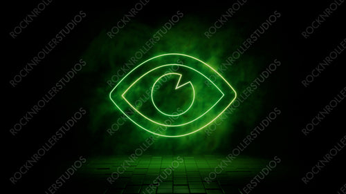 Green neon light eye icon. Vibrant colored technology symbol, isolated on a black background. 3D Render