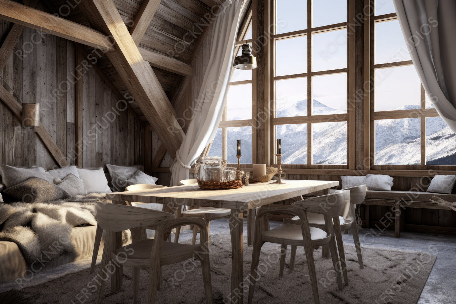 Contemporary Ski Chalet. Cozy Interior Design Background. Generative AI.