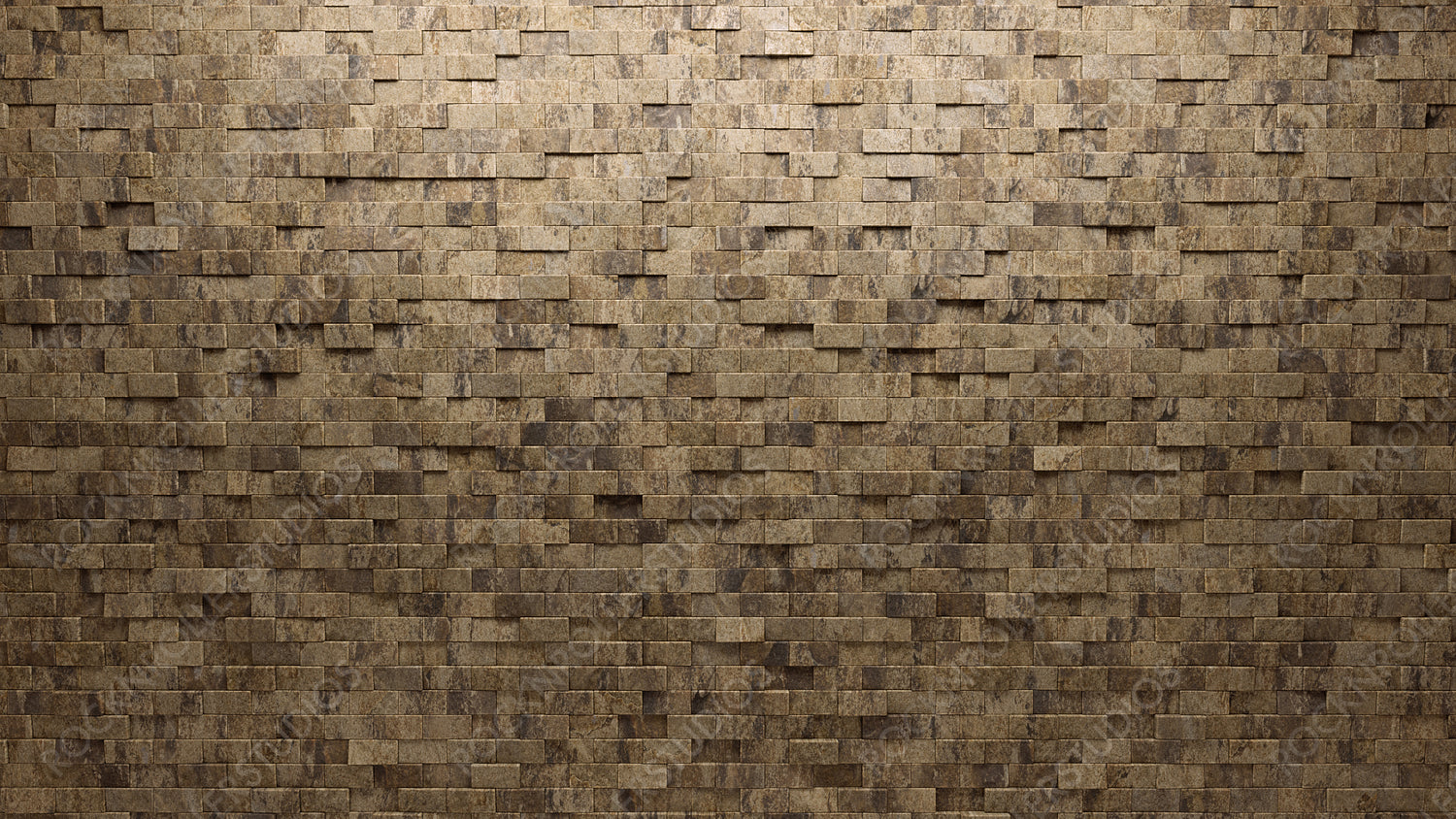 3D, Semigloss Mosaic Tiles arranged in the shape of a wall. Rectangular, Polished, Bricks stacked to create a Natural Stone block background. 3D Render