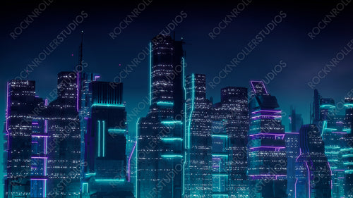 Sci-fi Cityscape with Purple and Cyan Neon lights. Night scene with Futuristic Architecture.