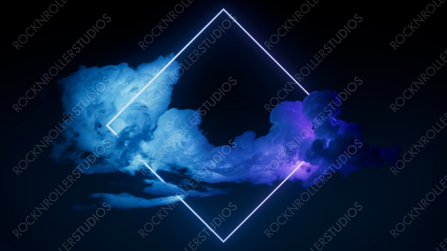 Blue and Purple Neon Light with Cloud Formation. Diamond shaped Fluorescent Frame in Dark Environment.