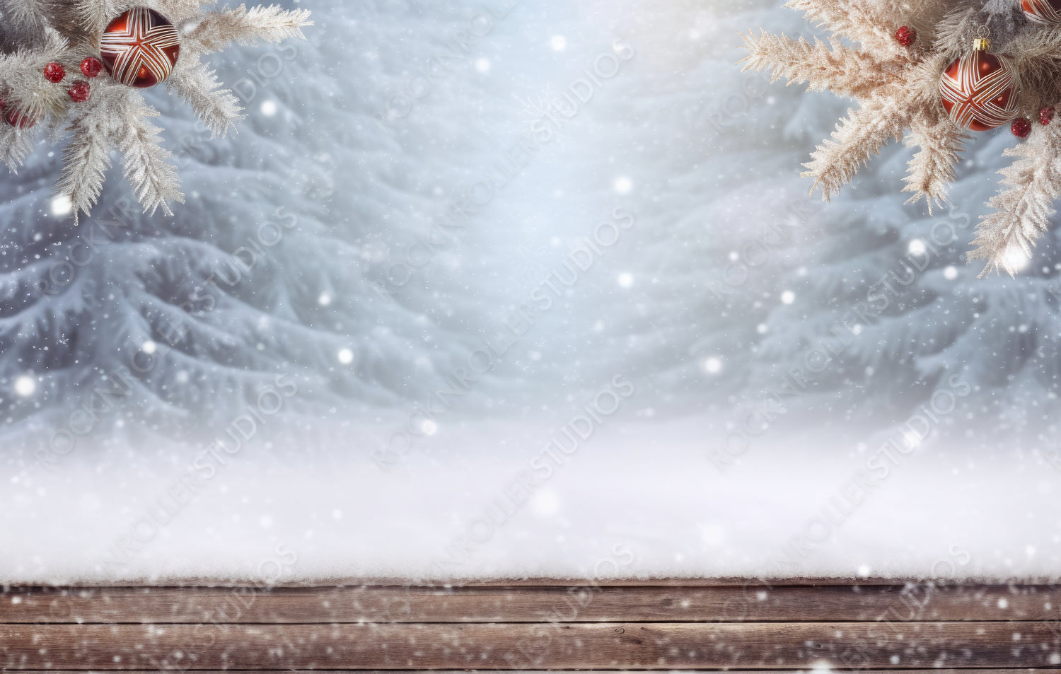 Winter christmas scenic landscape background with copy space. Wooden flooring covered with snow in forest and Christmas tree on nature.
