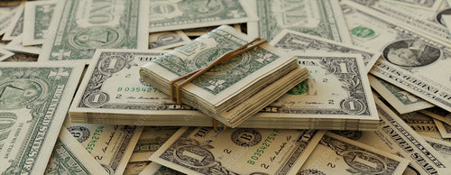 Bundles of One Dollar Bills on Scattered Banknotes. Finance concept.