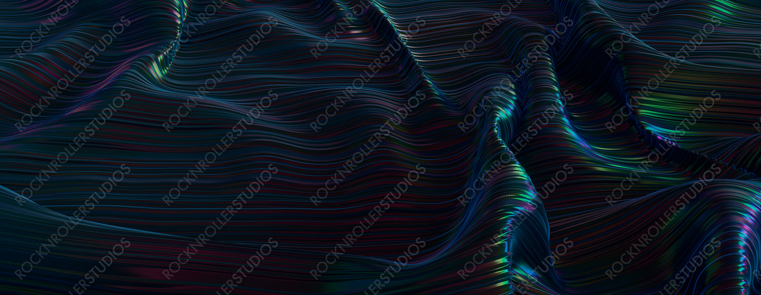 Iridescent Liquid with Undulations and Swirls. Black Smooth Wallpaper.