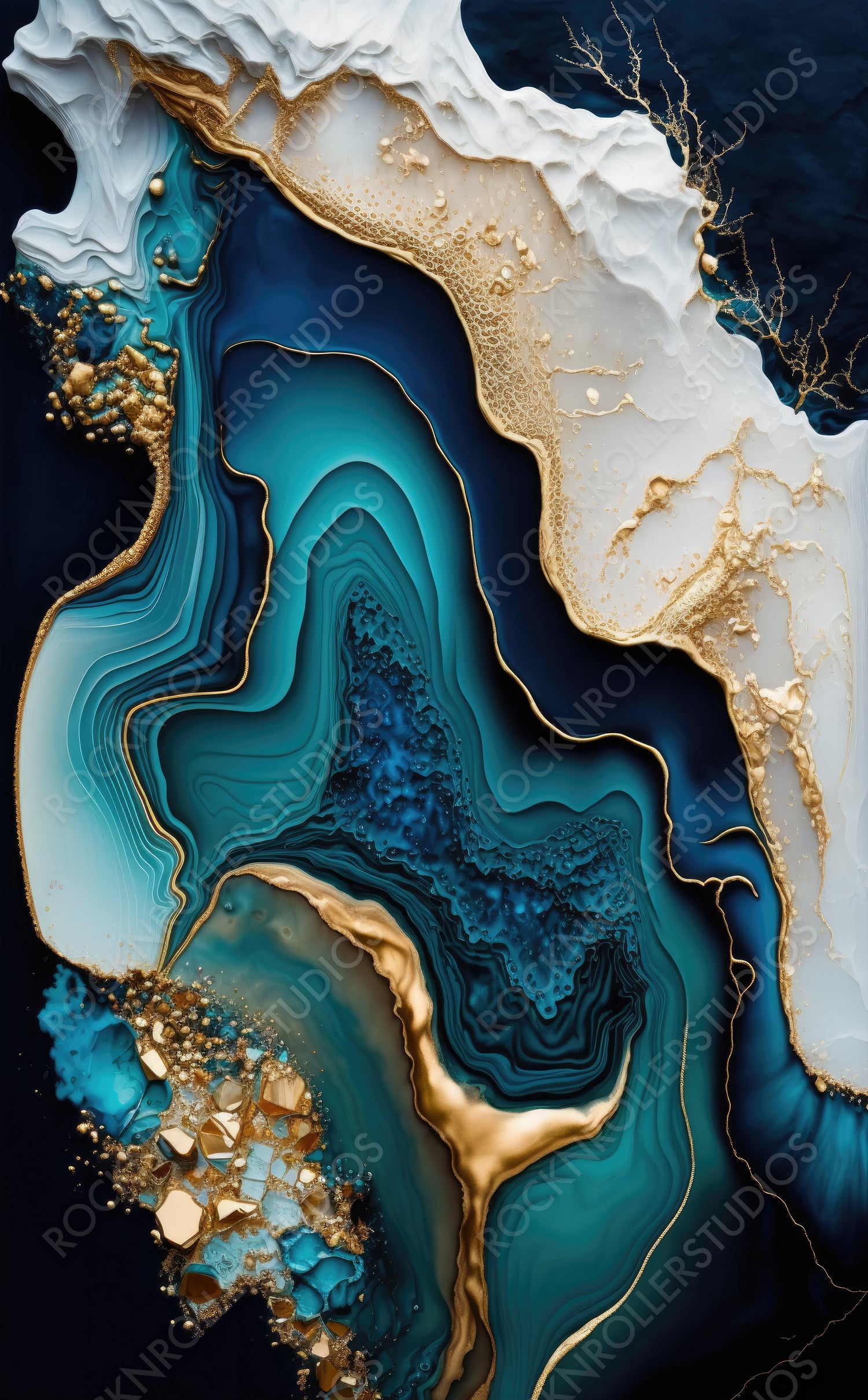 Liquid Swirls in Beautiful Teal and Blue colors, with Gold Powder. Abstract Design Wallpaper. Generative AI.