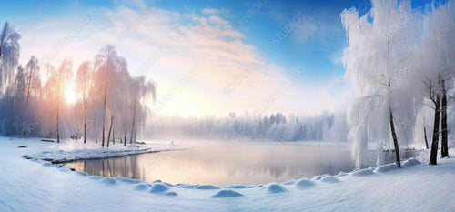 Frozen ice lake in winter in a park in the forest in sunny weather a panoramic view with a blue sky. Wallpaper beautiful fairy winter nature at a pink dawn.