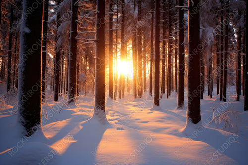 Sunset in The Wood in Winter Period
