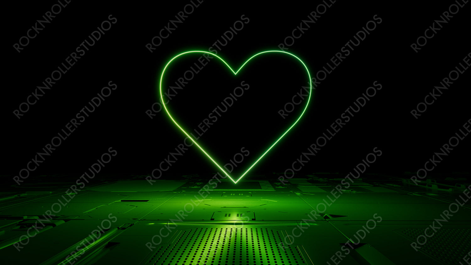 Green neon light heart icon. Vibrant colored Love technology symbol, on a black background with high tech floor. 3D Render