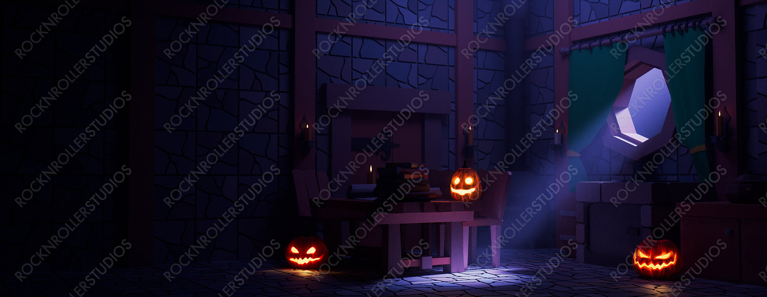 Magical Halloween Room Illustration with Illuminated pumpkins, Table and Candles. Halloween background with copy-space.