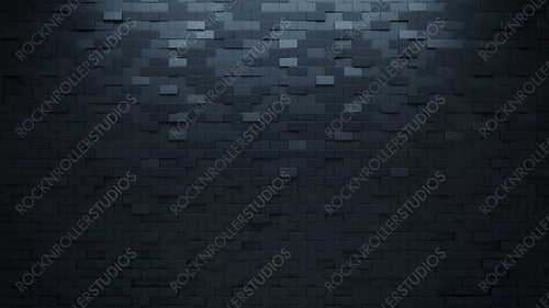Rectangular, Semigloss Mosaic Tiles arranged in the shape of a wall. 3D, Black, Bricks stacked to create a Polished block background. 3D Render