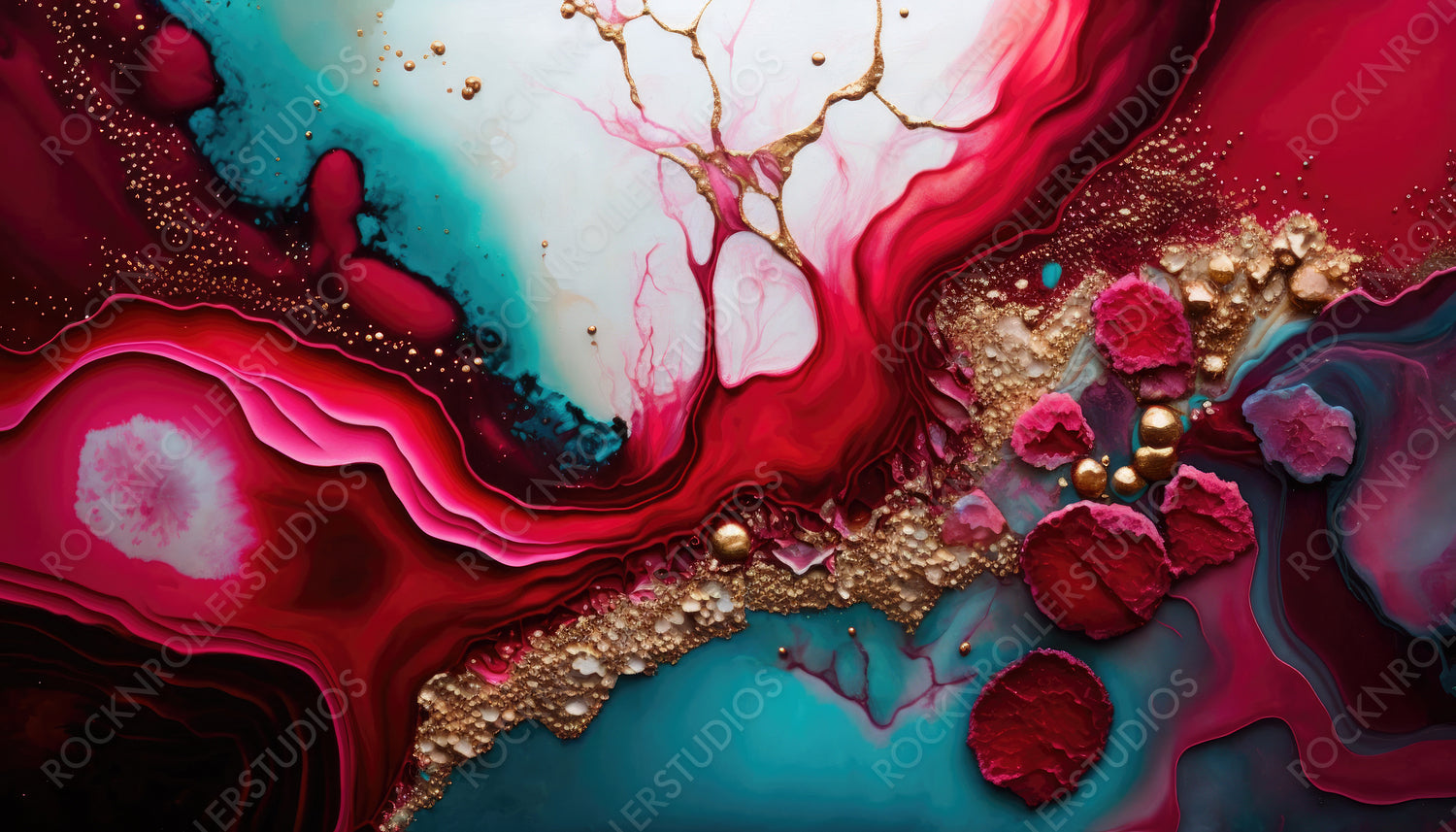 Modern Acrylic Pour Wallpaper. Paint Swirls in Beautiful Crimson colors, with Gold Glitter. Generative AI.