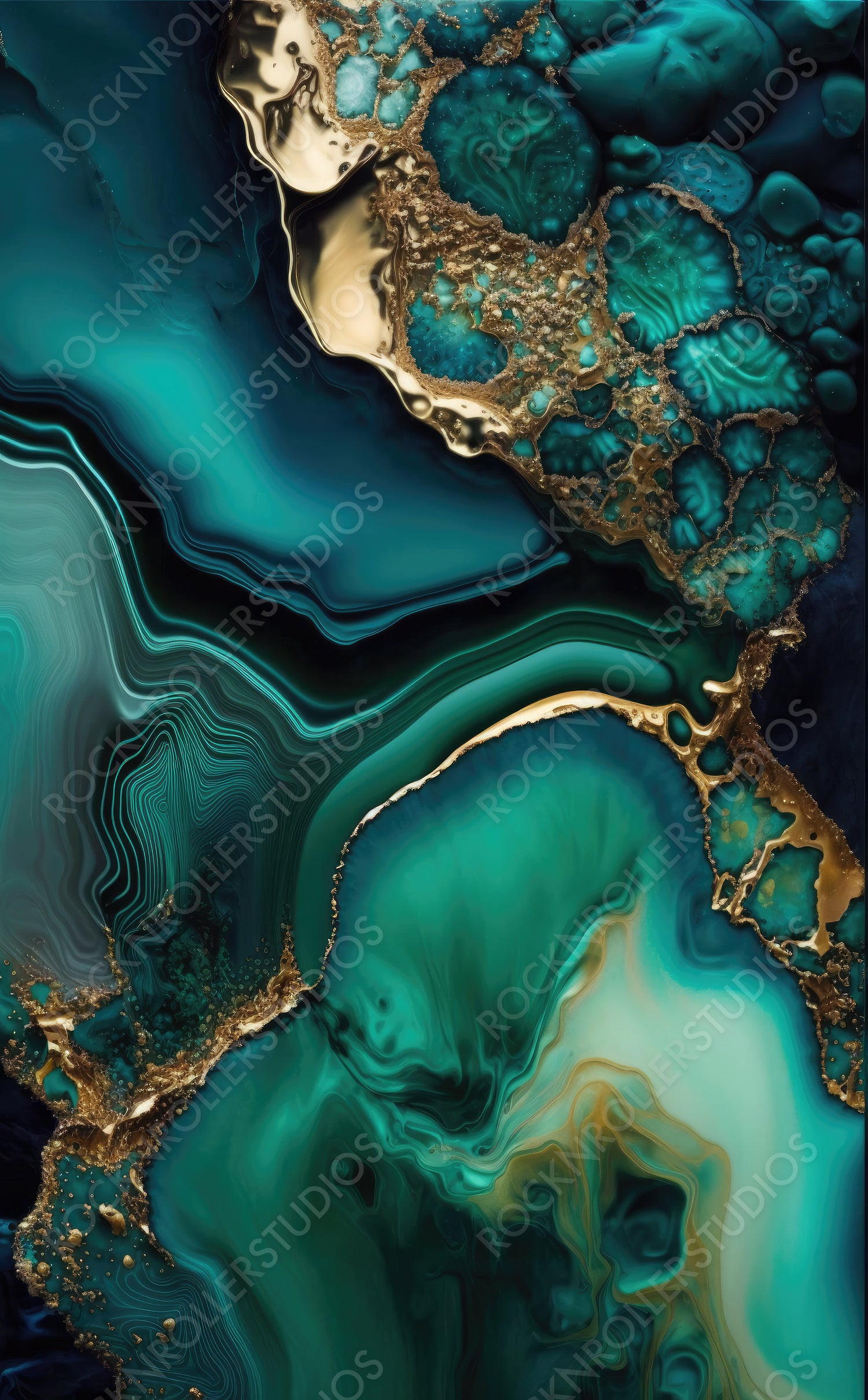 Flowing Abstract Design Background in Beautiful Teal and Blue colors. Paint texture with Gold Powder. Generative AI.