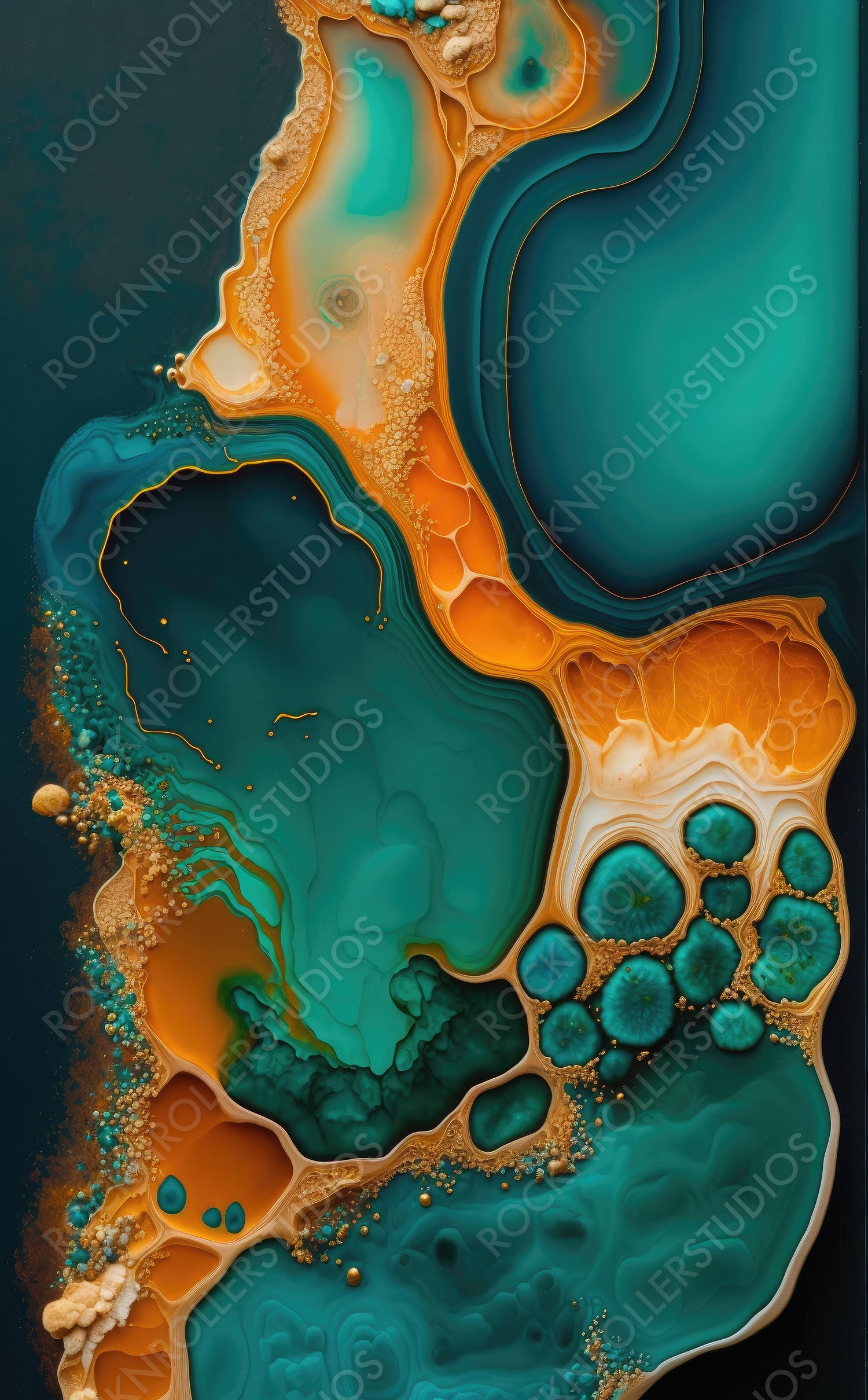 Liquid Swirls in Beautiful Teal and Orange colors, with Gold Powder. Abstract Design Background. Generative AI.