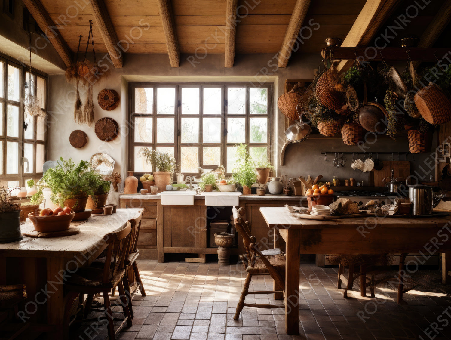 Rustic Kitchen Background. Contemporary Interior Design. Generative AI.