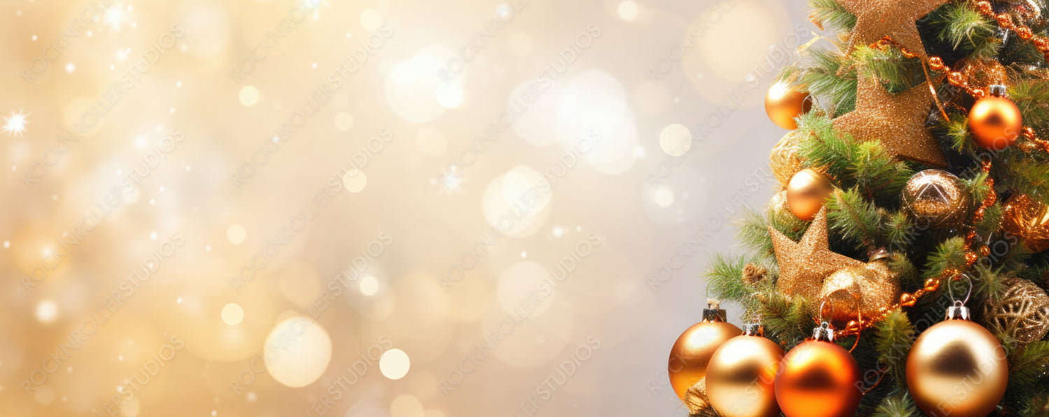Christmas tree decorated with Golden balls on a blurred, sparkling and fabulous fairy background with beautiful bokeh, copy space.