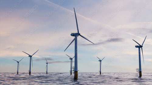 Wind Power. Offshore Wind Turbines at Dusk. Environmental Electricity Concept.