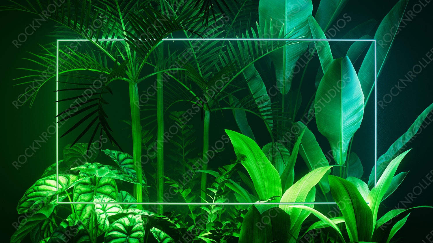 Futuristic Background Design. Tropical Leaves with Green and Blue, Rectangle shaped Neon Frame.