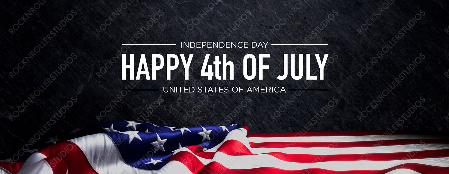 Independence Day Banner. Authentic Holiday Background with American Flag on Black Rock.