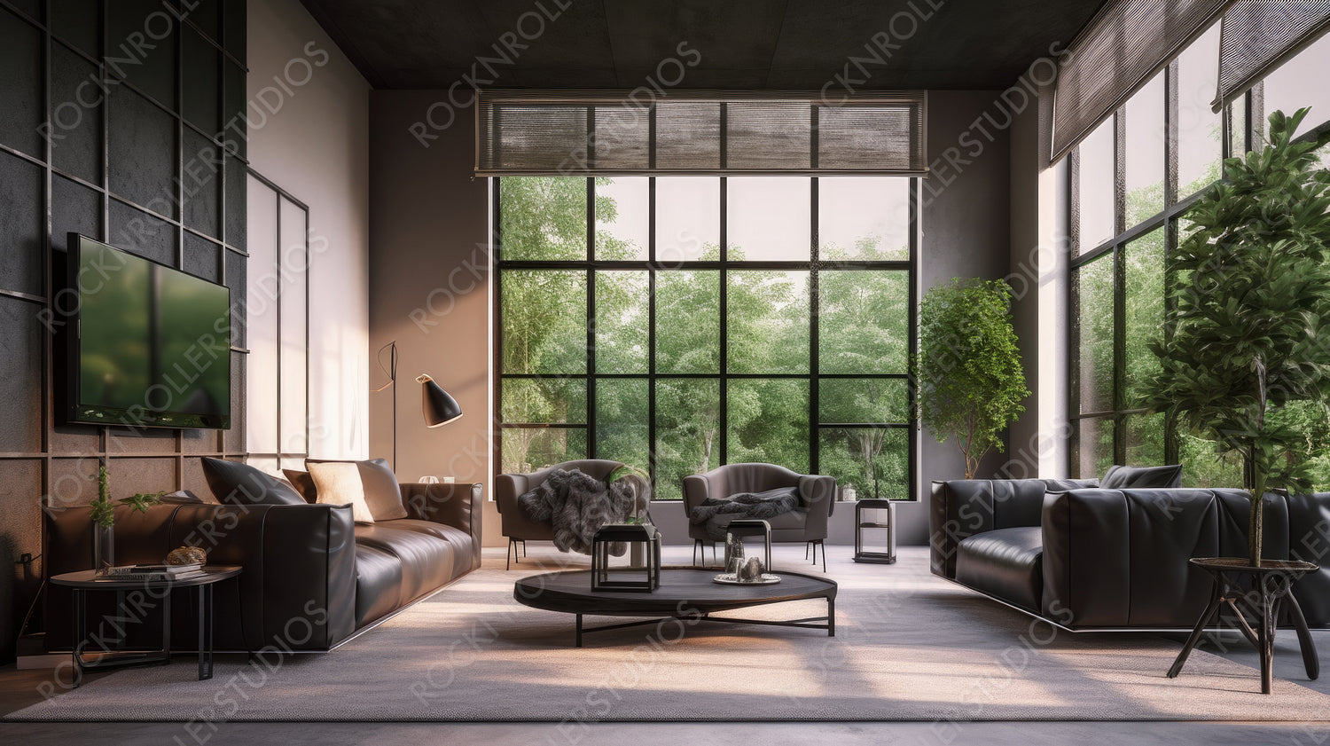 Loft Living Room. Stylish Interior Design Background. Generative AI.