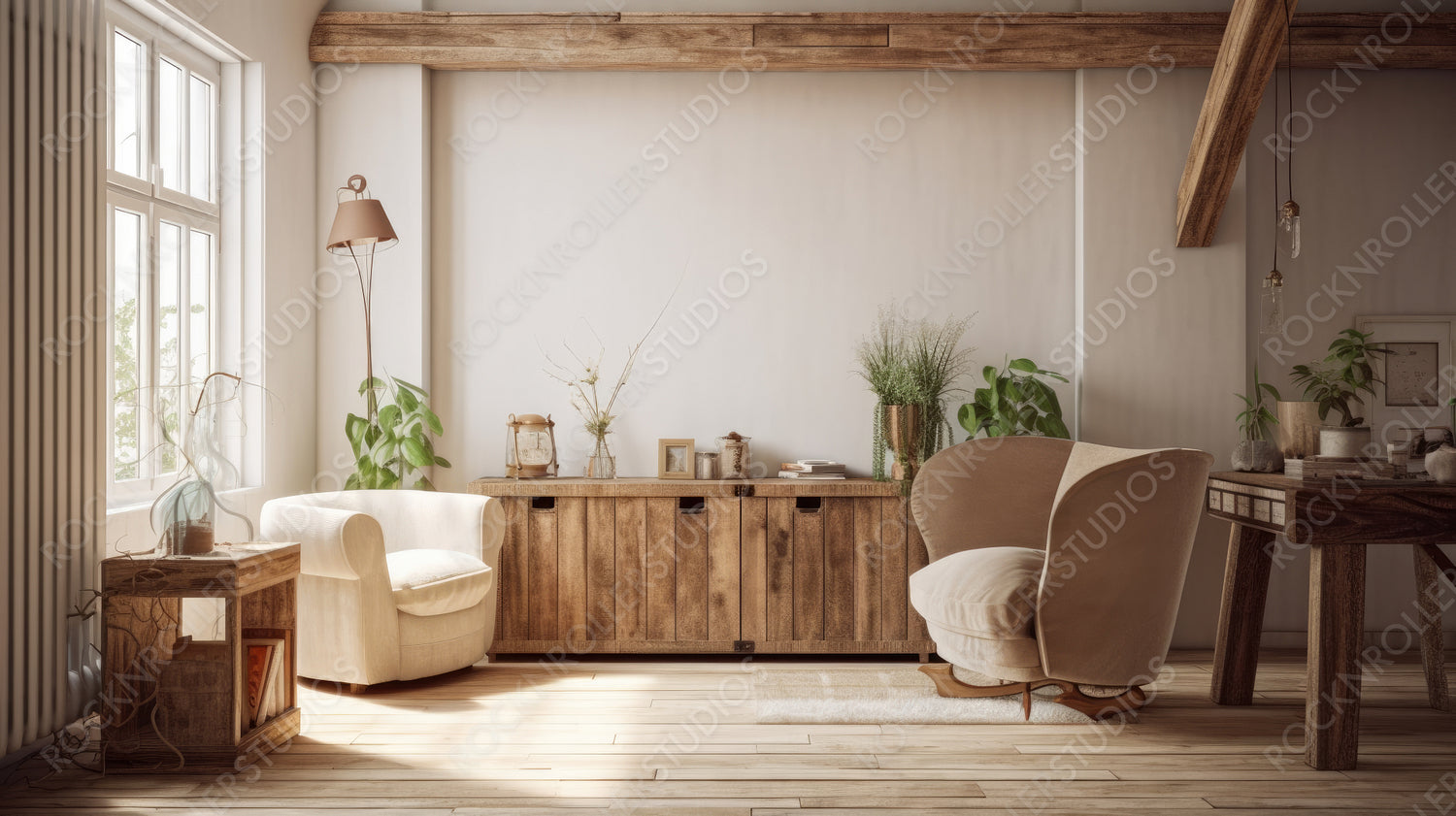 Farmhouse Living Room. Contemporary Interior Design Background. Generative AI.