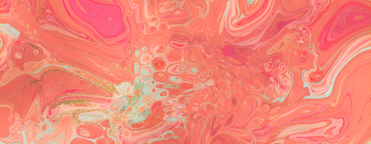 Flowing Abstract Marbling Banner in Beautiful Coral and Pink colors. Paint texture with Gold Glitter.