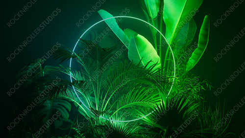 Cyberpunk Background Design. Tropical Leaves with Green and Blue, Circle shaped Neon Frame.