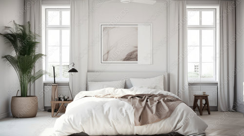 Scandinavian Interior Design Background. Contemporary Bedroom. Generative AI.